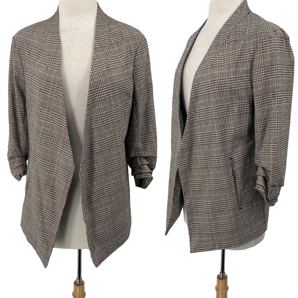 Joie Glen Plaid Open Front Blazer Ruched 3/4 Sleeve Metallic Black White Large